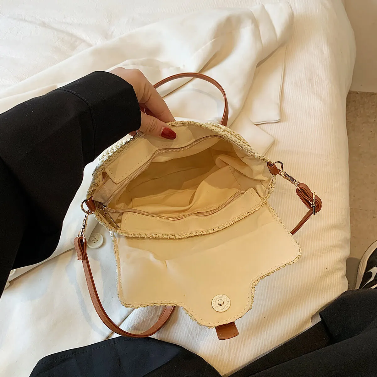 2023 Leather Strape Straw Messenger Bag-Showtown