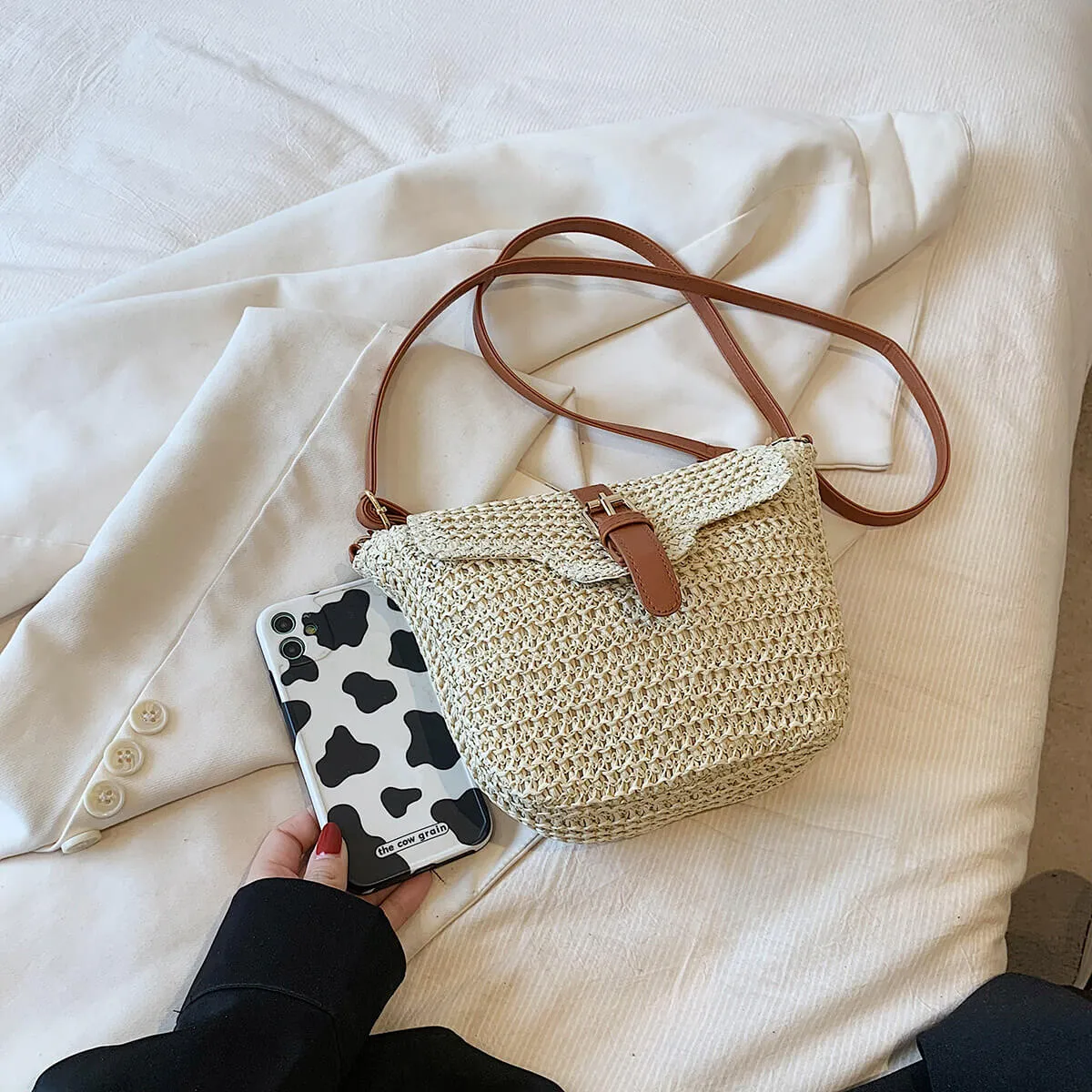 2023 Leather Strape Straw Messenger Bag-Showtown