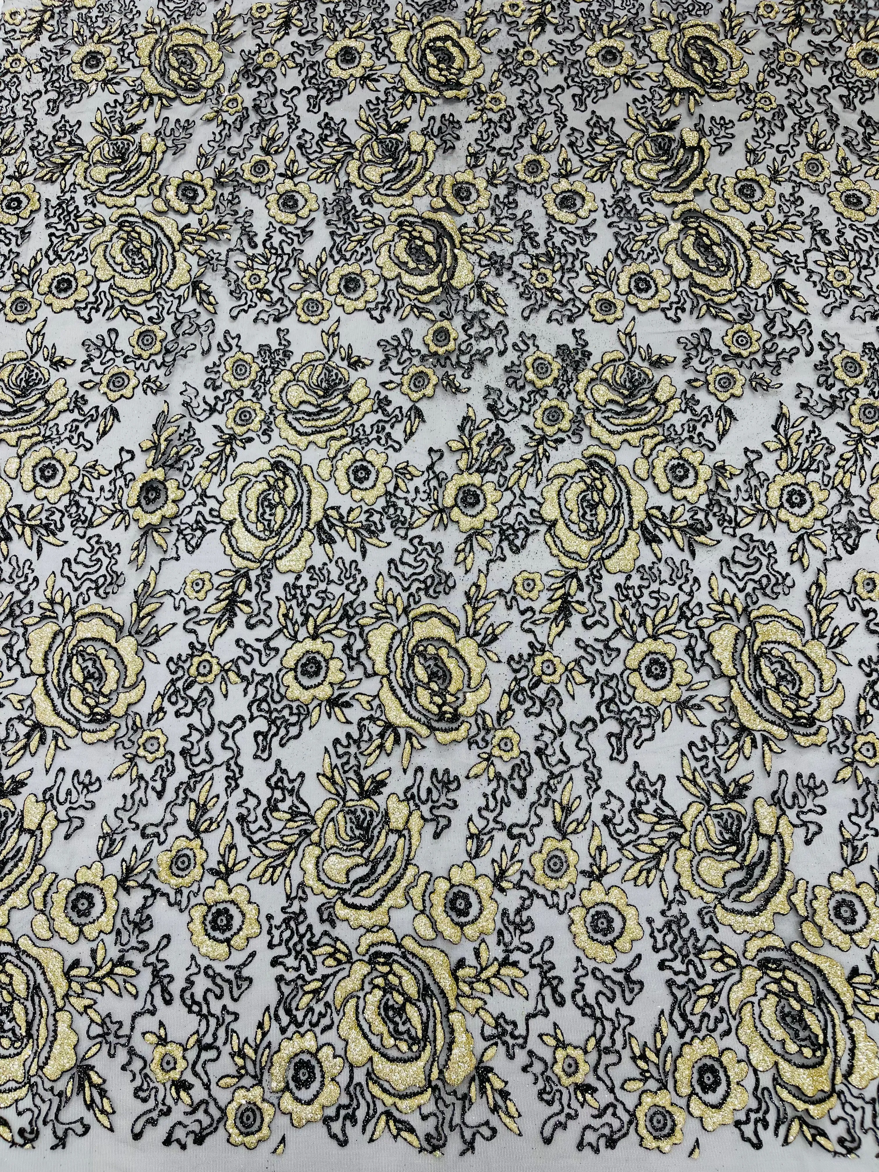 3D Full Roses Chunky Glitter Design On A Mesh Lace Fabric/Prom.
