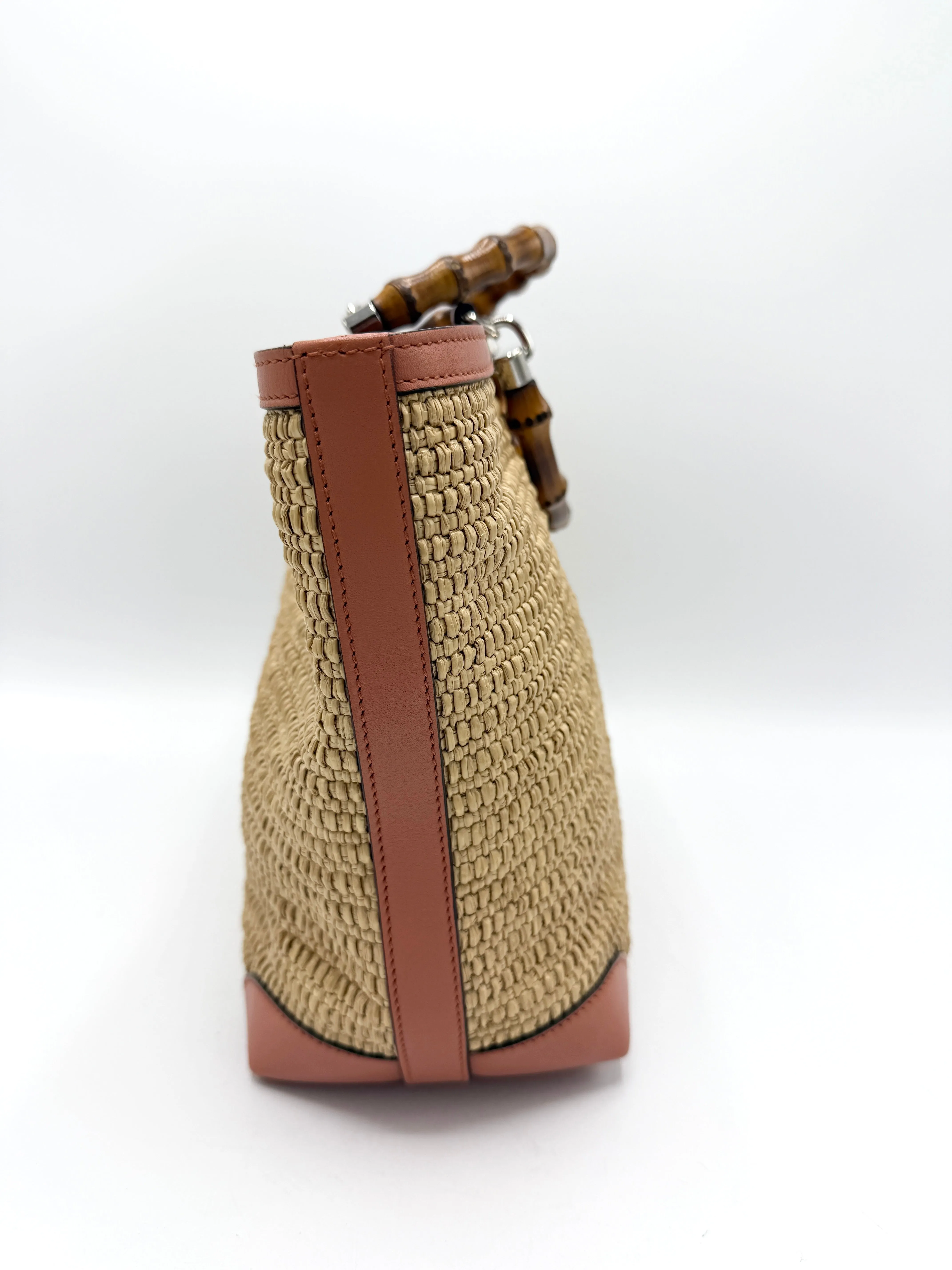 Beige Quilted Raffia Pink Leather Tote Bag