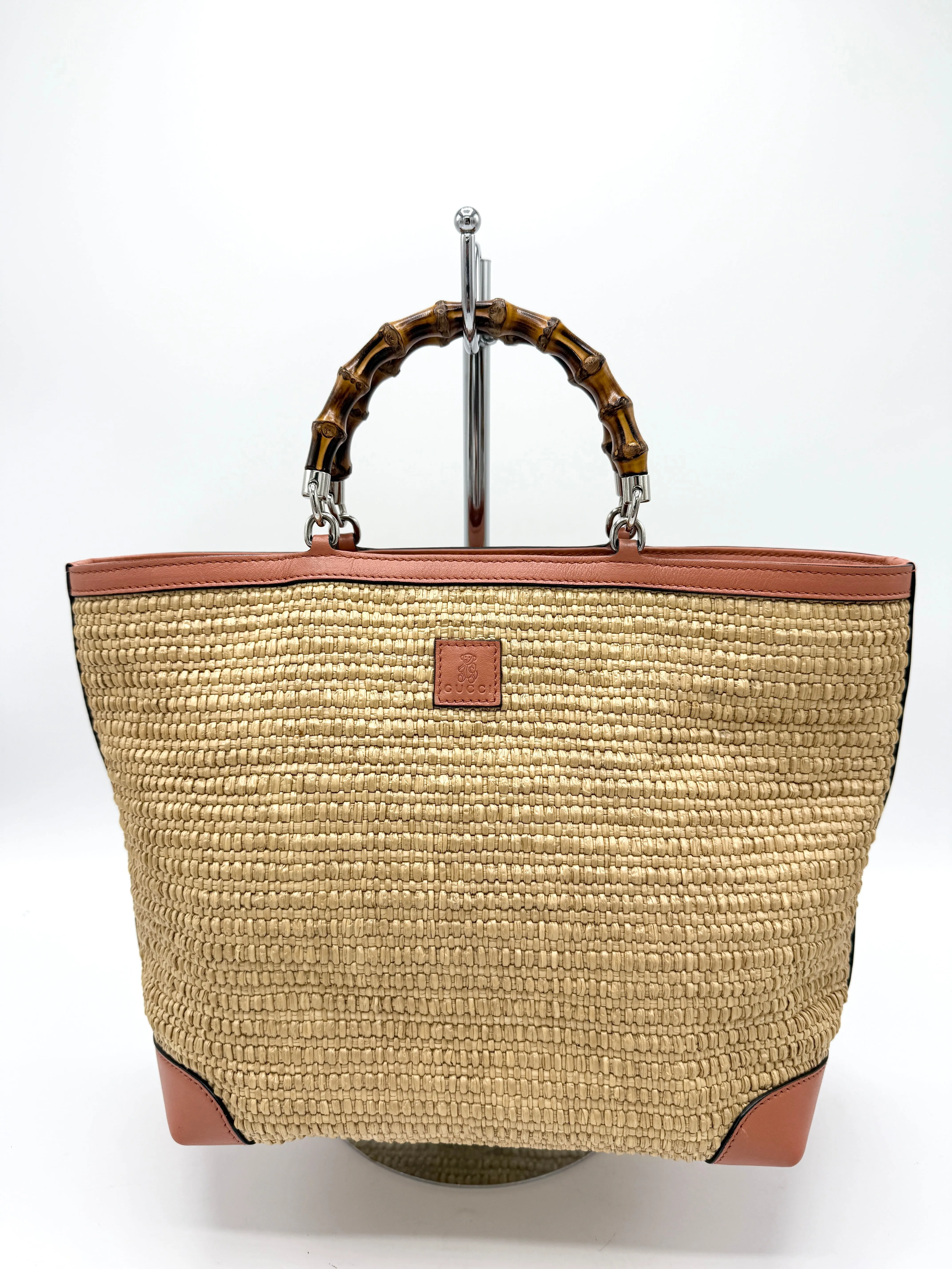 Beige Quilted Raffia Pink Leather Tote Bag