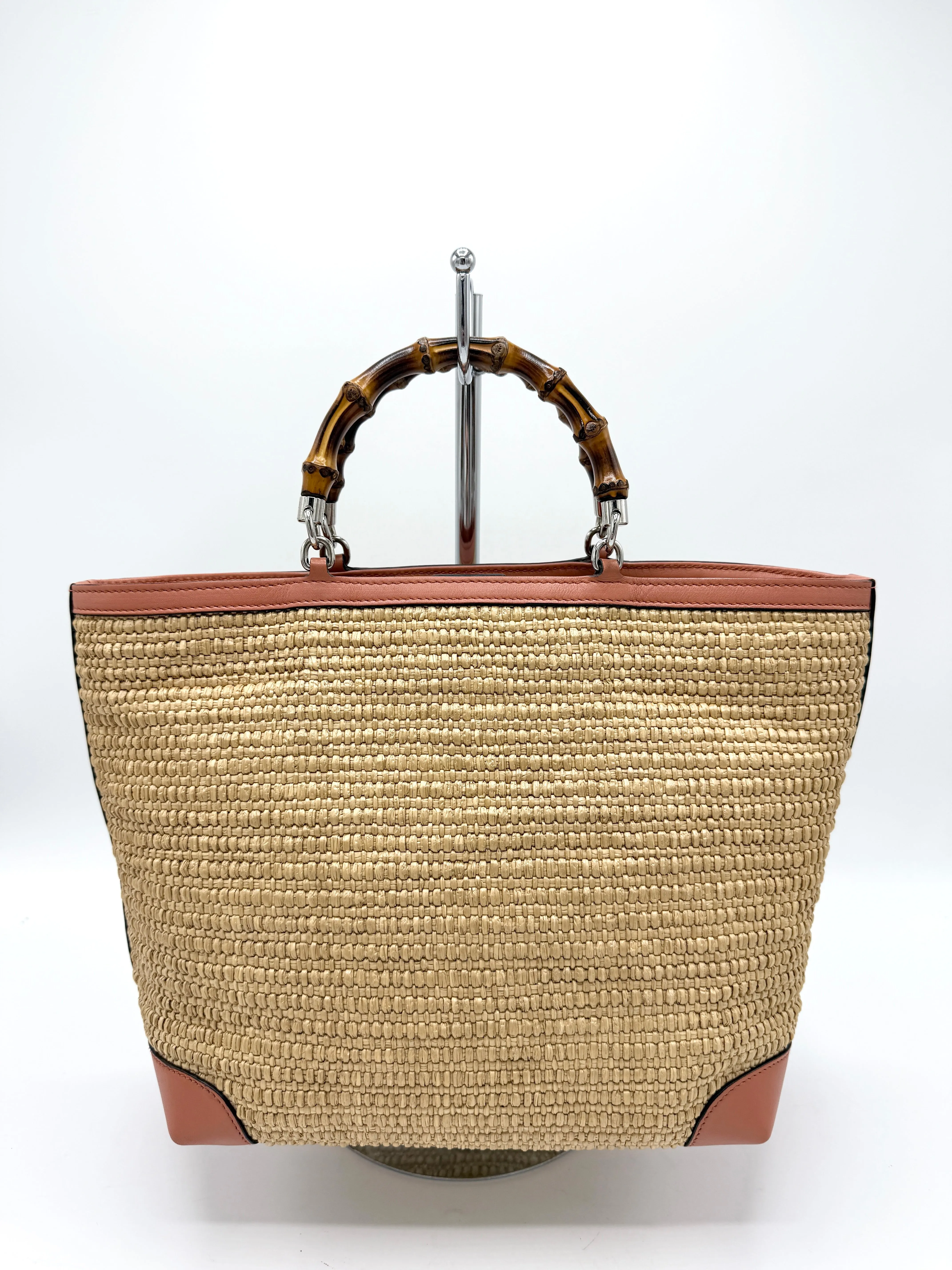 Beige Quilted Raffia Pink Leather Tote Bag