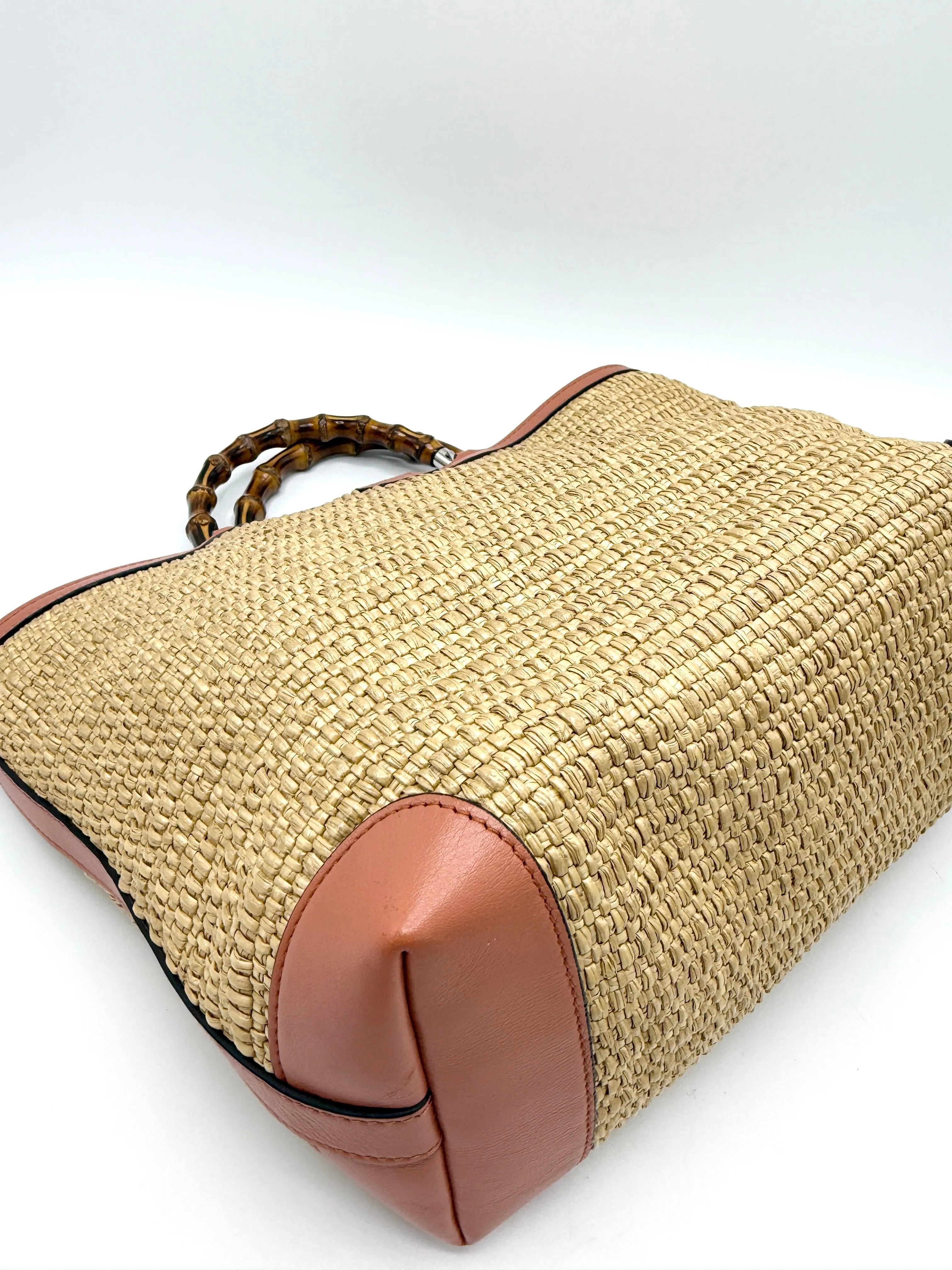 Beige Quilted Raffia Pink Leather Tote Bag