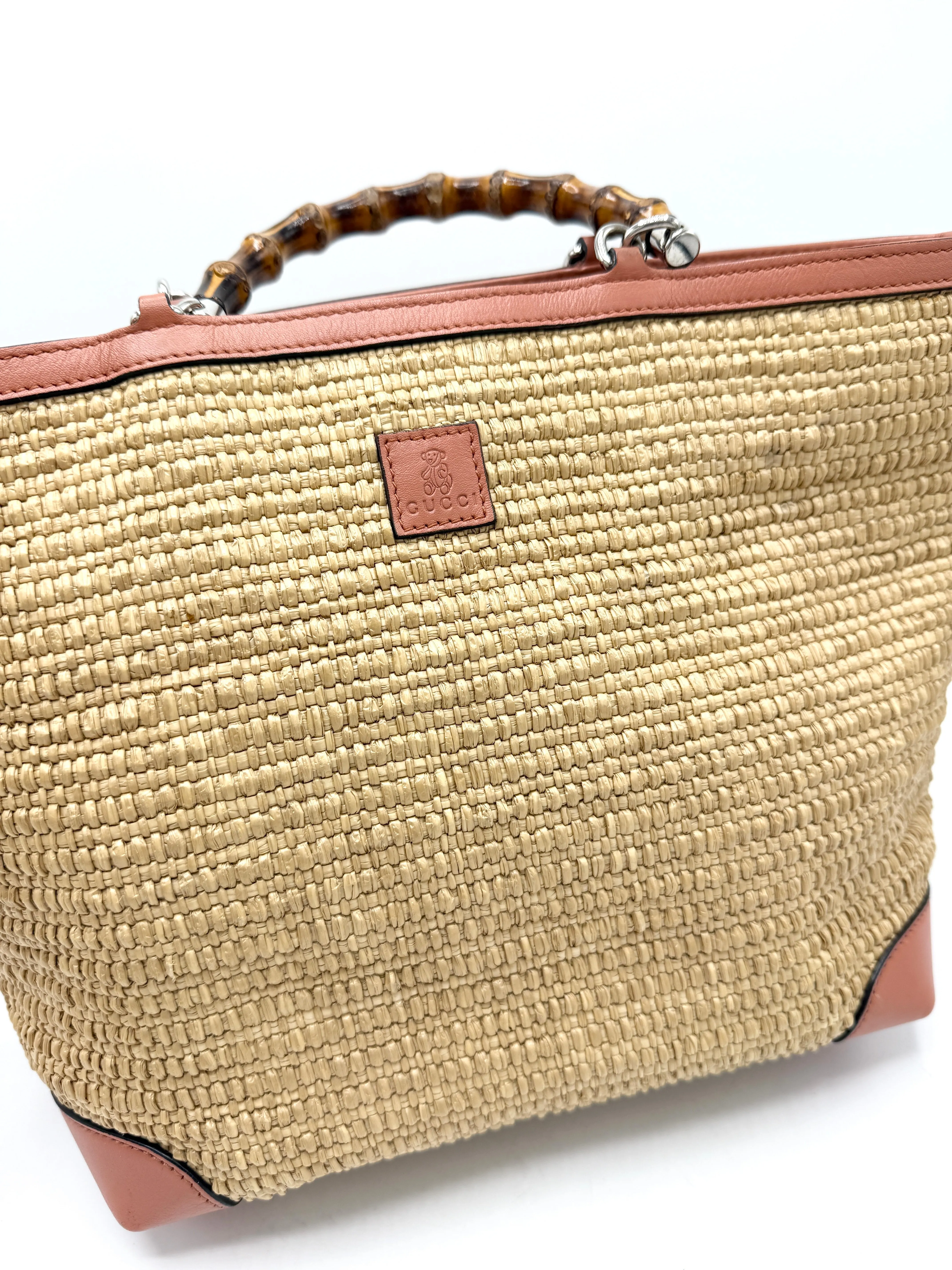 Beige Quilted Raffia Pink Leather Tote Bag