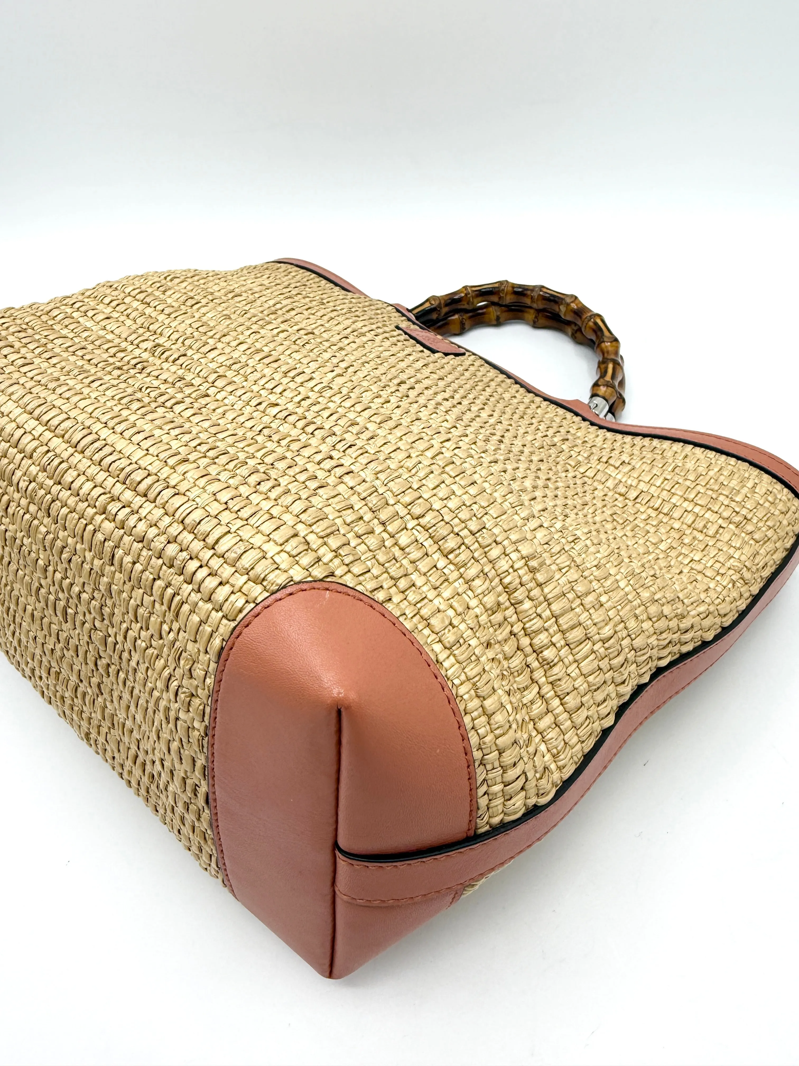 Beige Quilted Raffia Pink Leather Tote Bag
