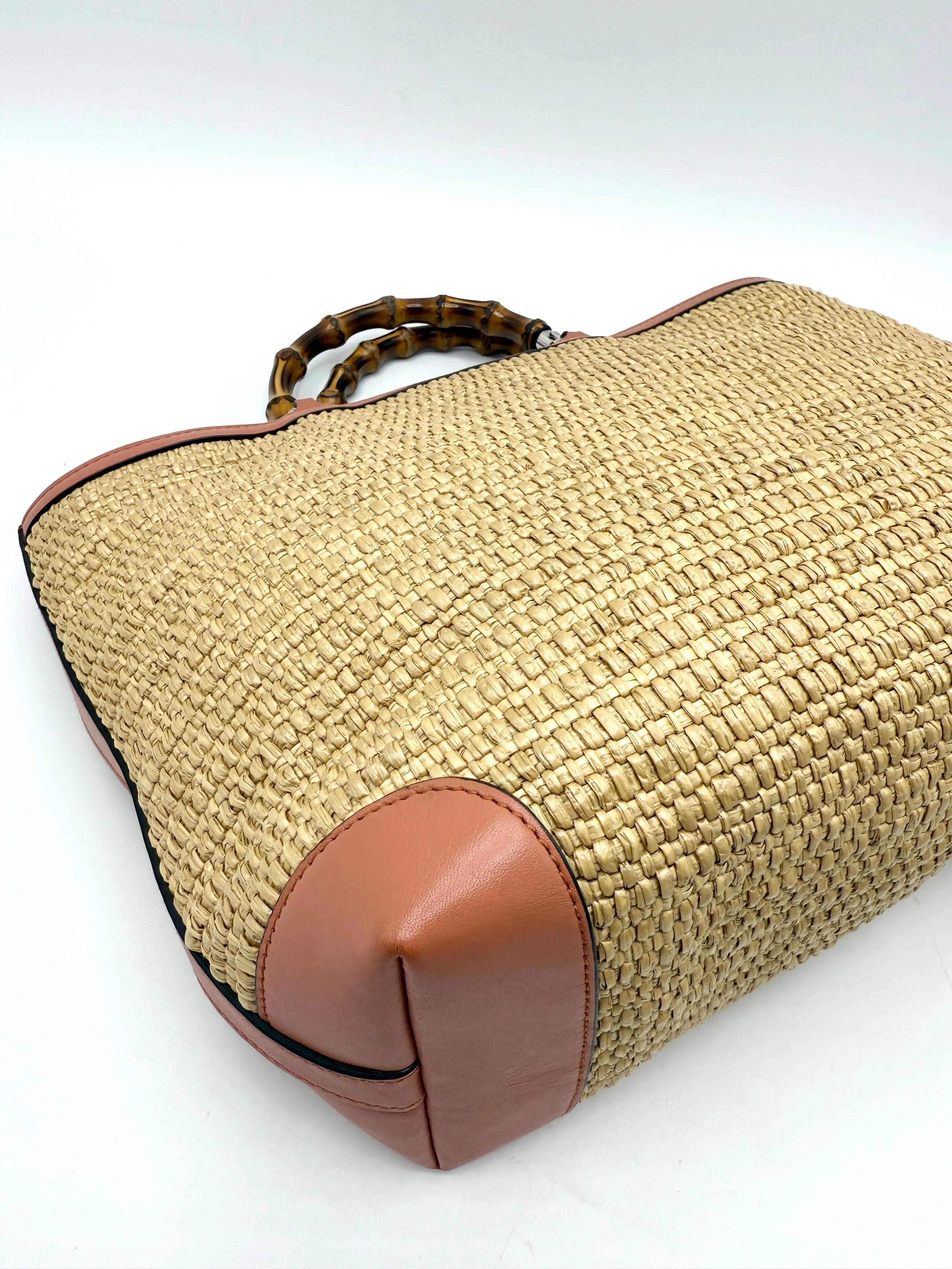 Beige Quilted Raffia Pink Leather Tote Bag