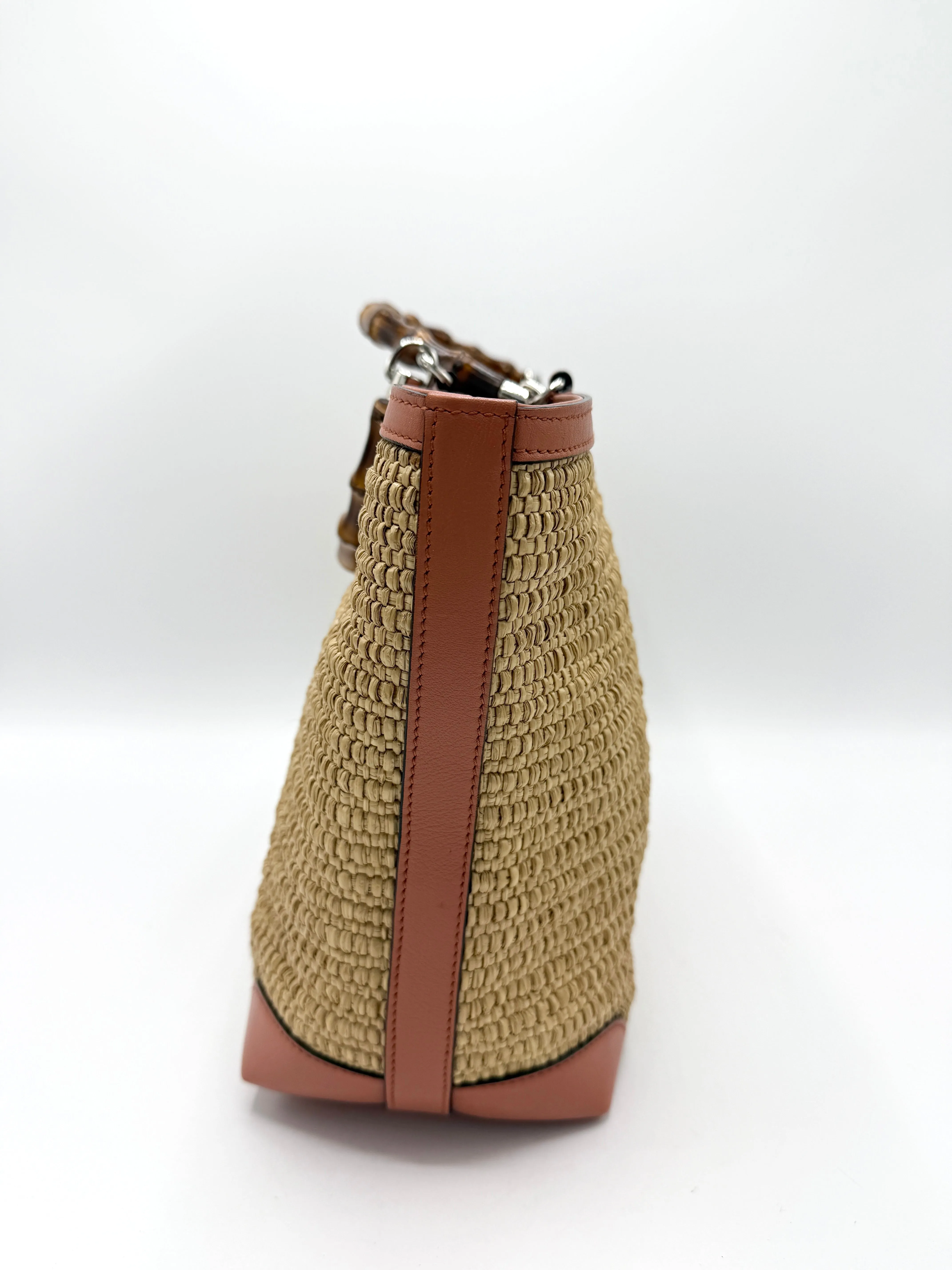 Beige Quilted Raffia Pink Leather Tote Bag