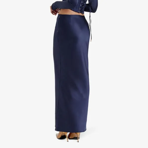 Charlene Bias Satin Maxi Skirt House Of Cb, Navy Blue