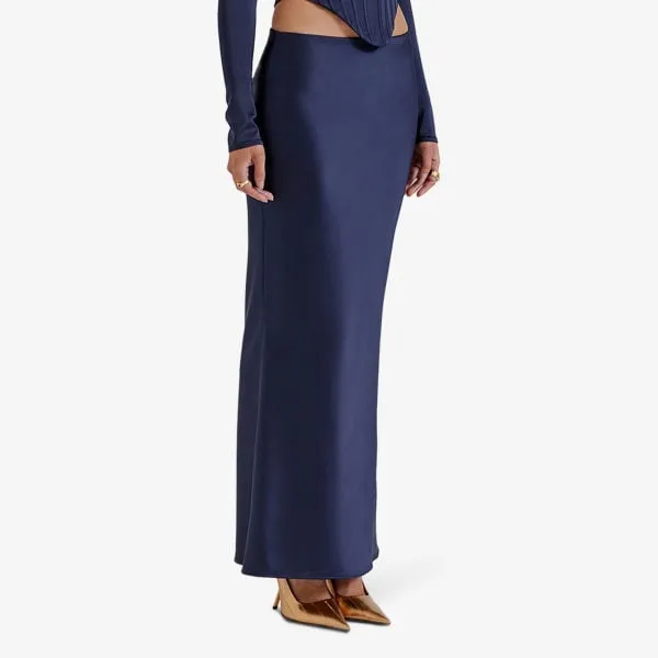 Charlene Bias Satin Maxi Skirt House Of Cb, Navy Blue