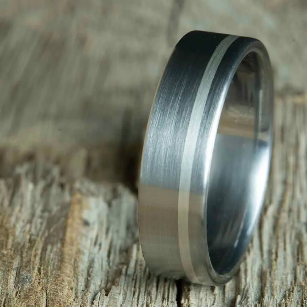 classic titanium wedding band with silver pinstripe