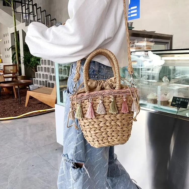 Cross Body Straw Bag Purse with Tassel-Showtown