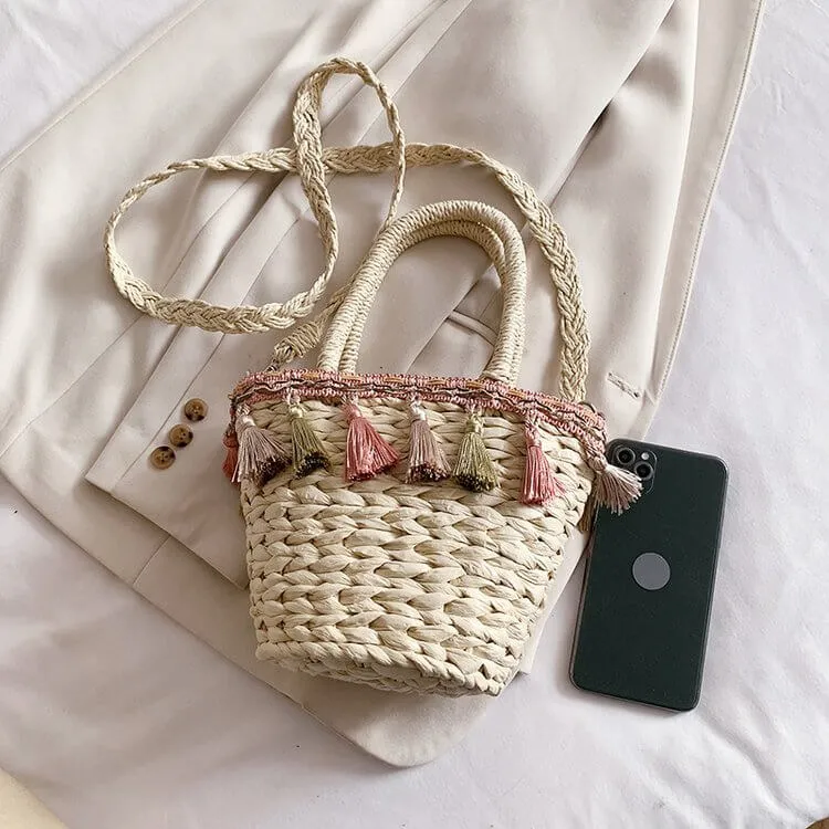 Cross Body Straw Bag Purse with Tassel-Showtown