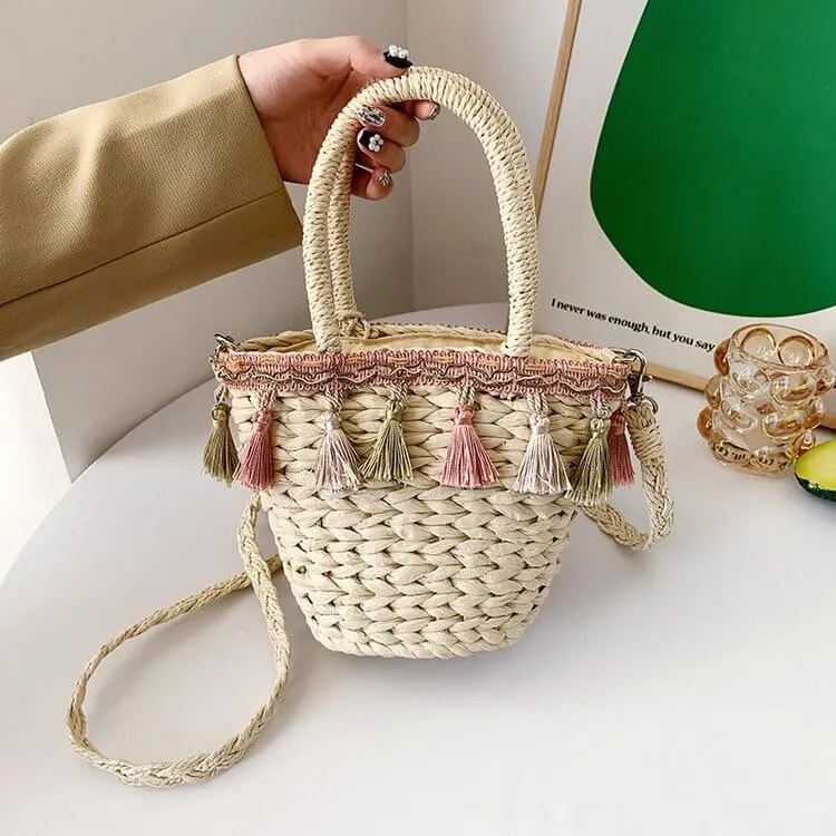 Cross Body Straw Bag Purse with Tassel-Showtown