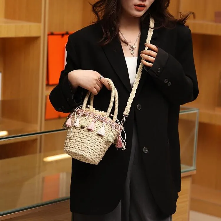 Cross Body Straw Bag Purse with Tassel-Showtown