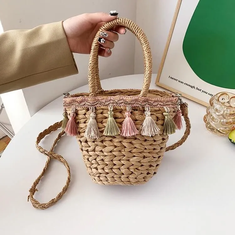 Cross Body Straw Bag Purse with Tassel-Showtown
