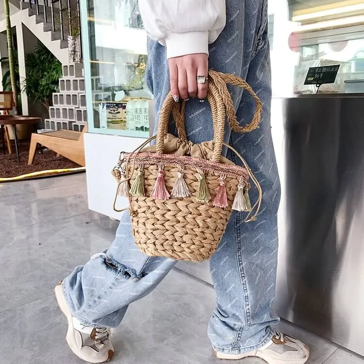 Cross Body Straw Bag Purse with Tassel-Showtown