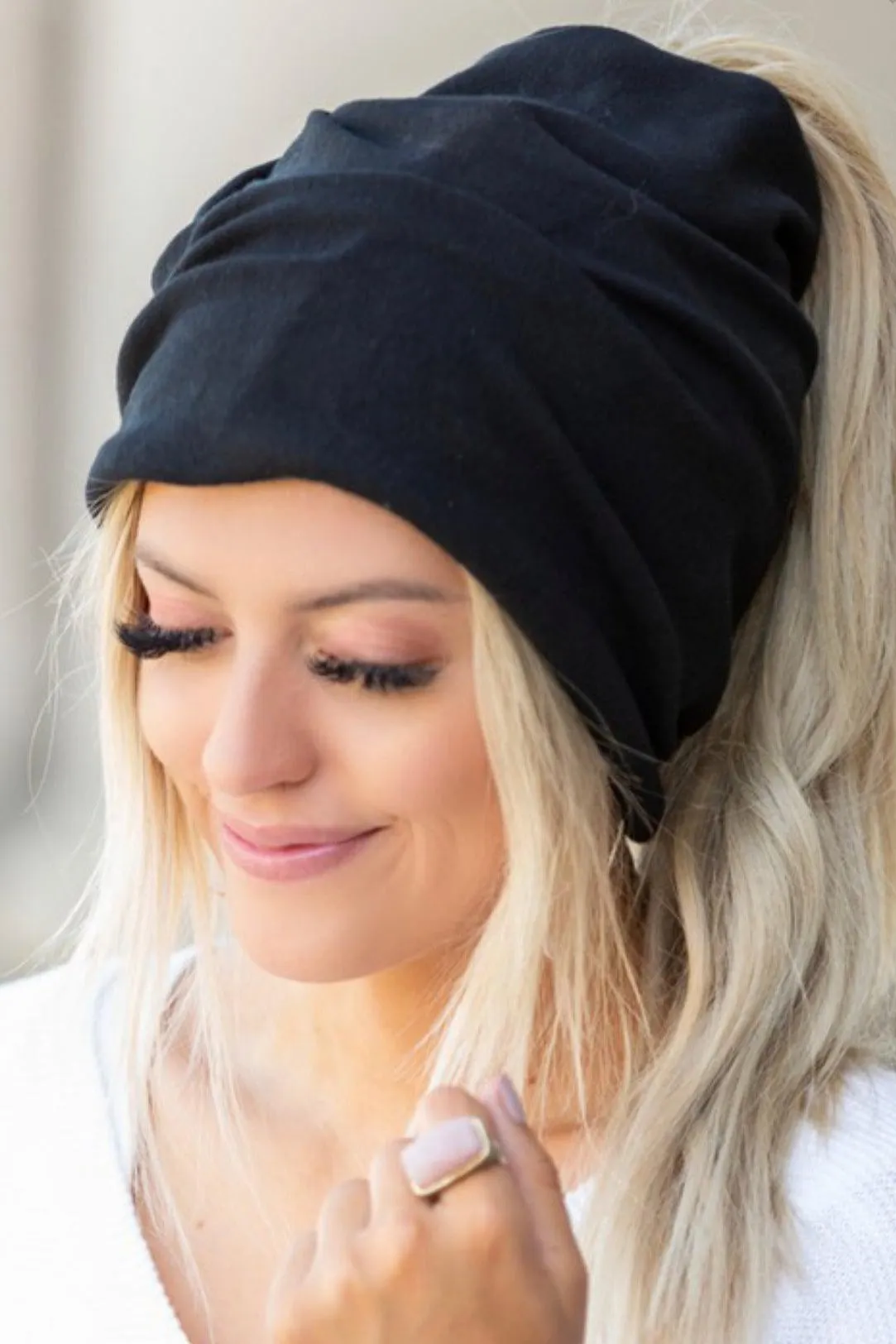 Gigi- {Black & Leopard} Double Lined Soft Knit Beanie w/ Ponytail Hole