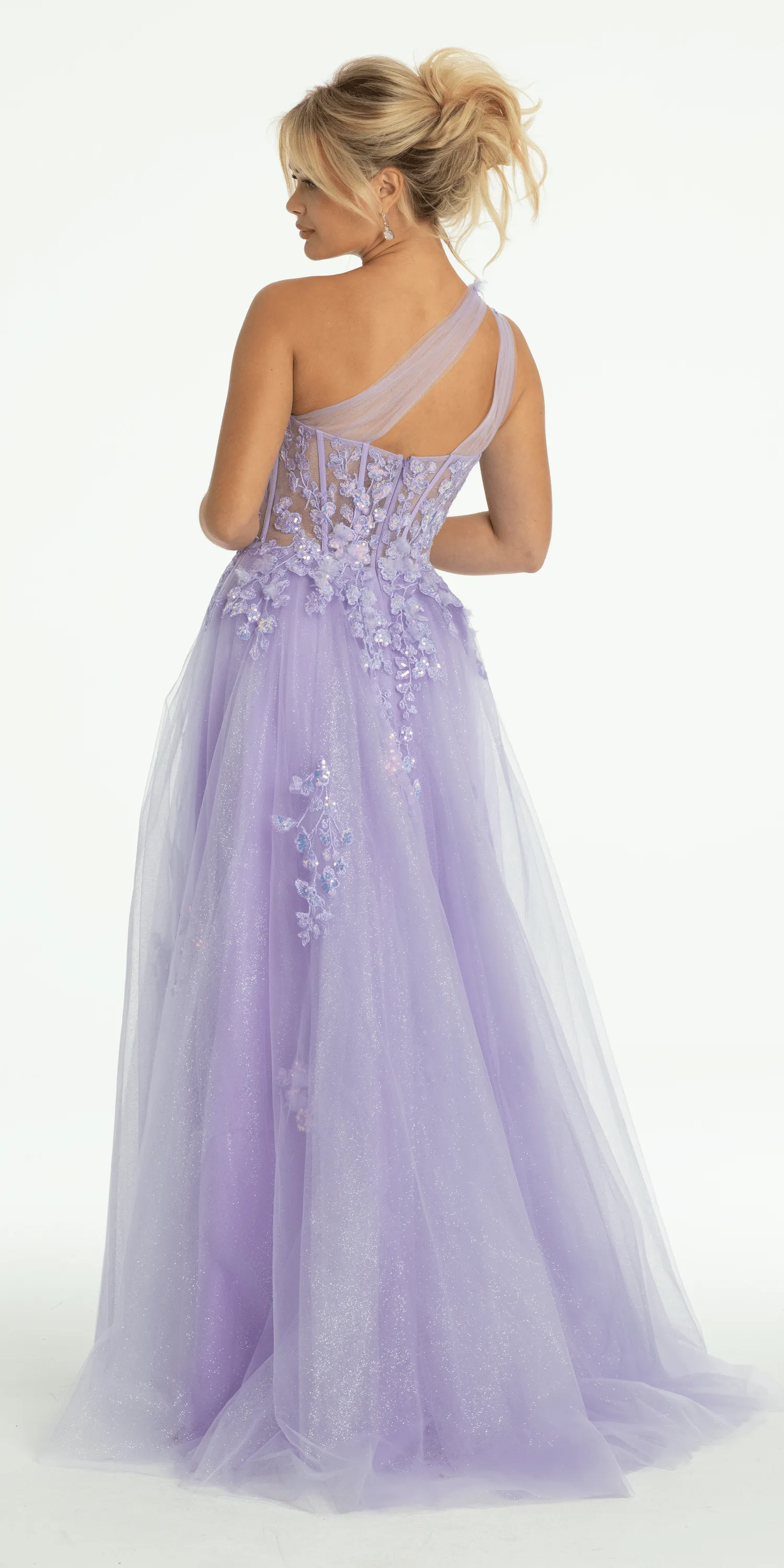 Glitter Mesh One Shoulder Corset Ballgown with Side Slit