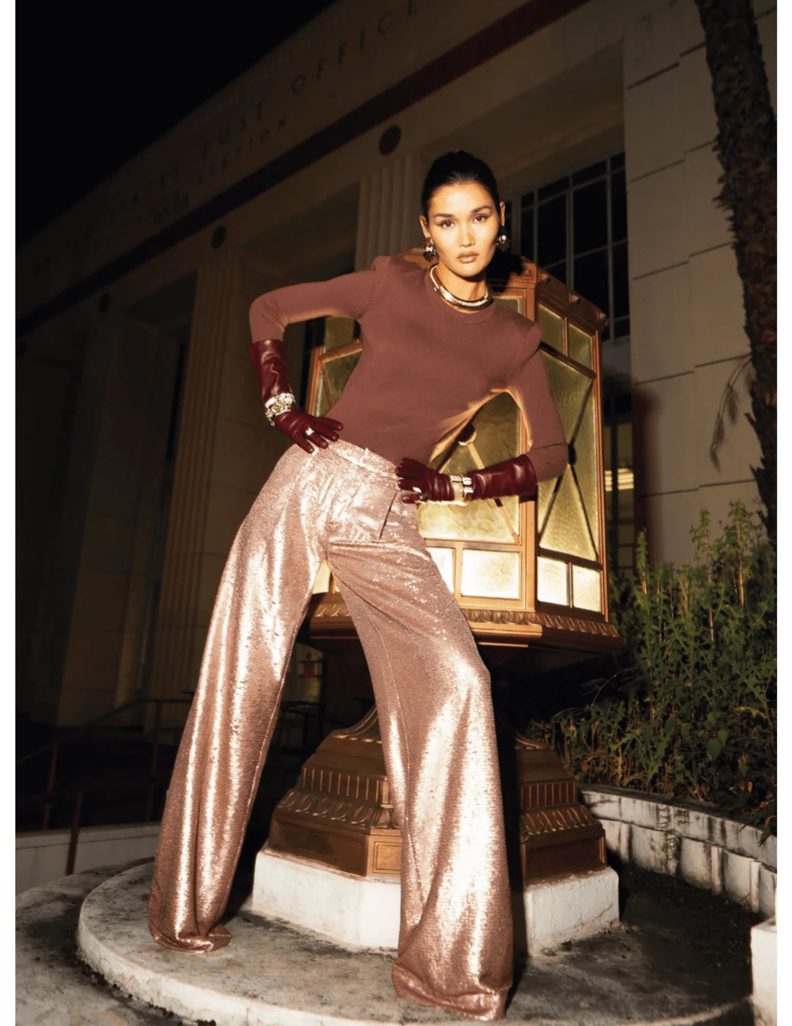 L'Agence Sky Crystal Button Long Sleeve Cropped Crew