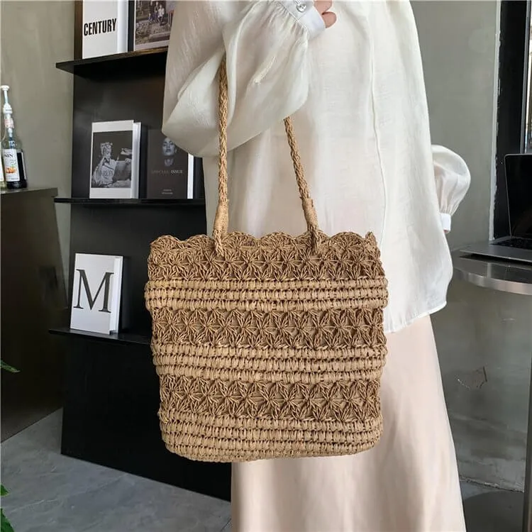 Large Capacity Straw Beach Tote With Zipper-Showtown