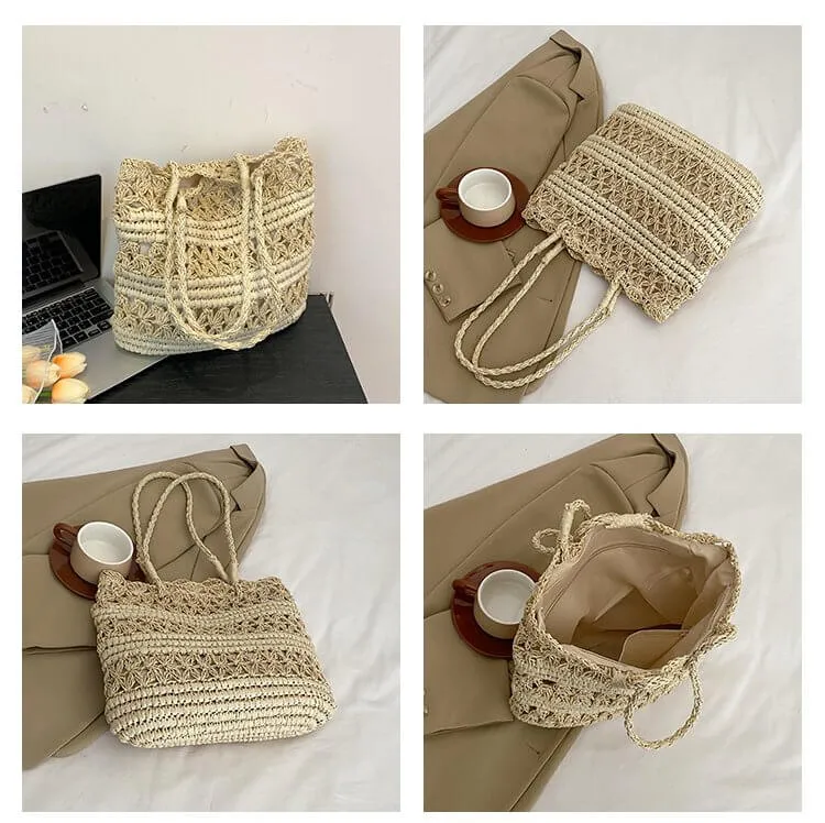 Large Capacity Straw Beach Tote With Zipper-Showtown
