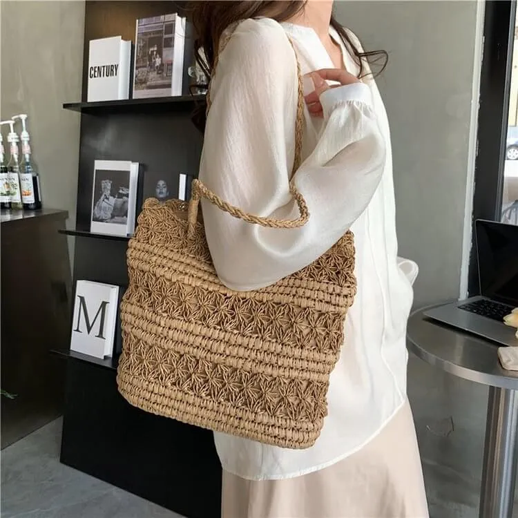 Large Capacity Straw Beach Tote With Zipper-Showtown