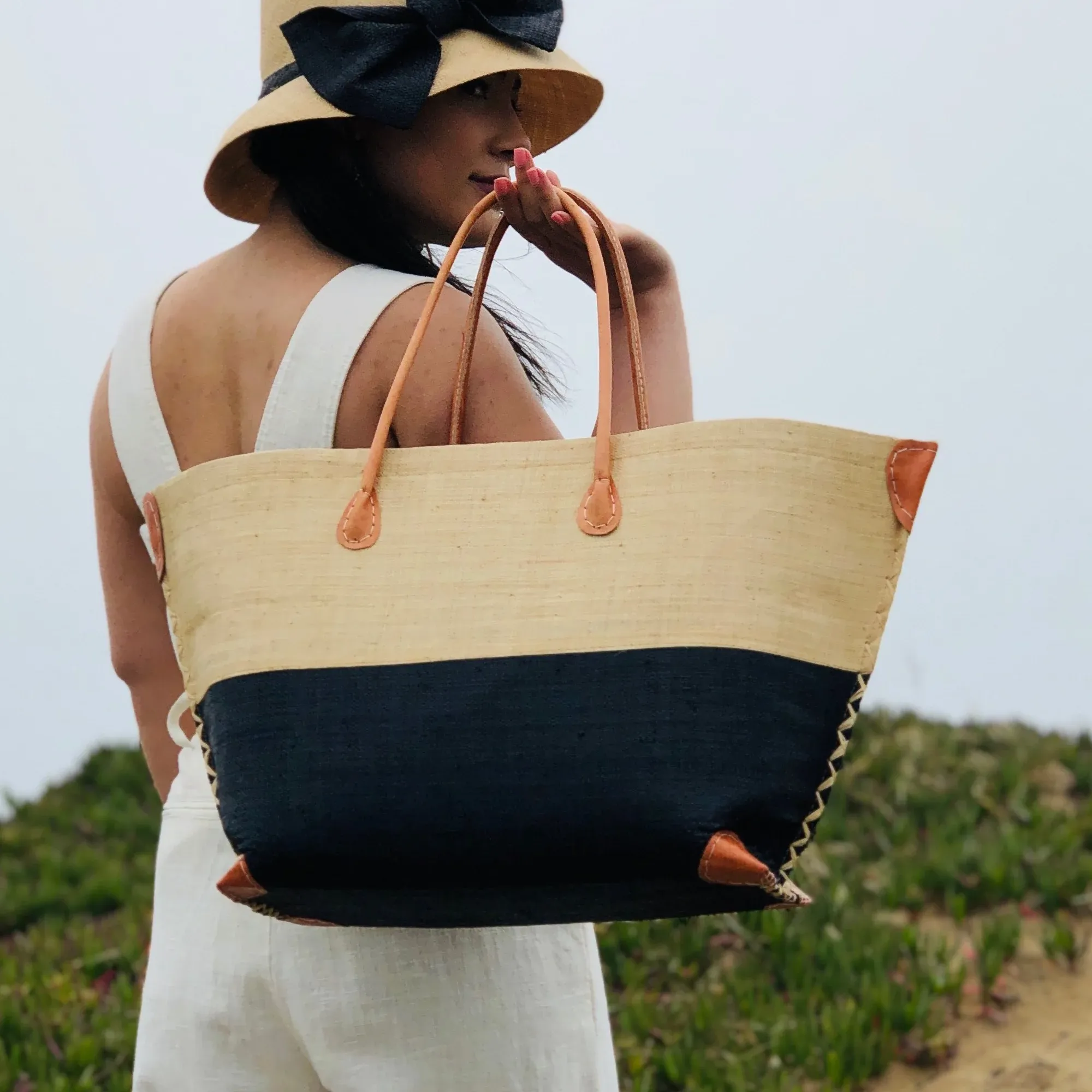 Monterey Two Tone Straw Tote Bag Black