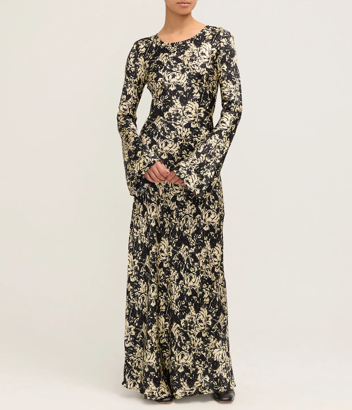 Printed Satin Maxi Dress in Flan