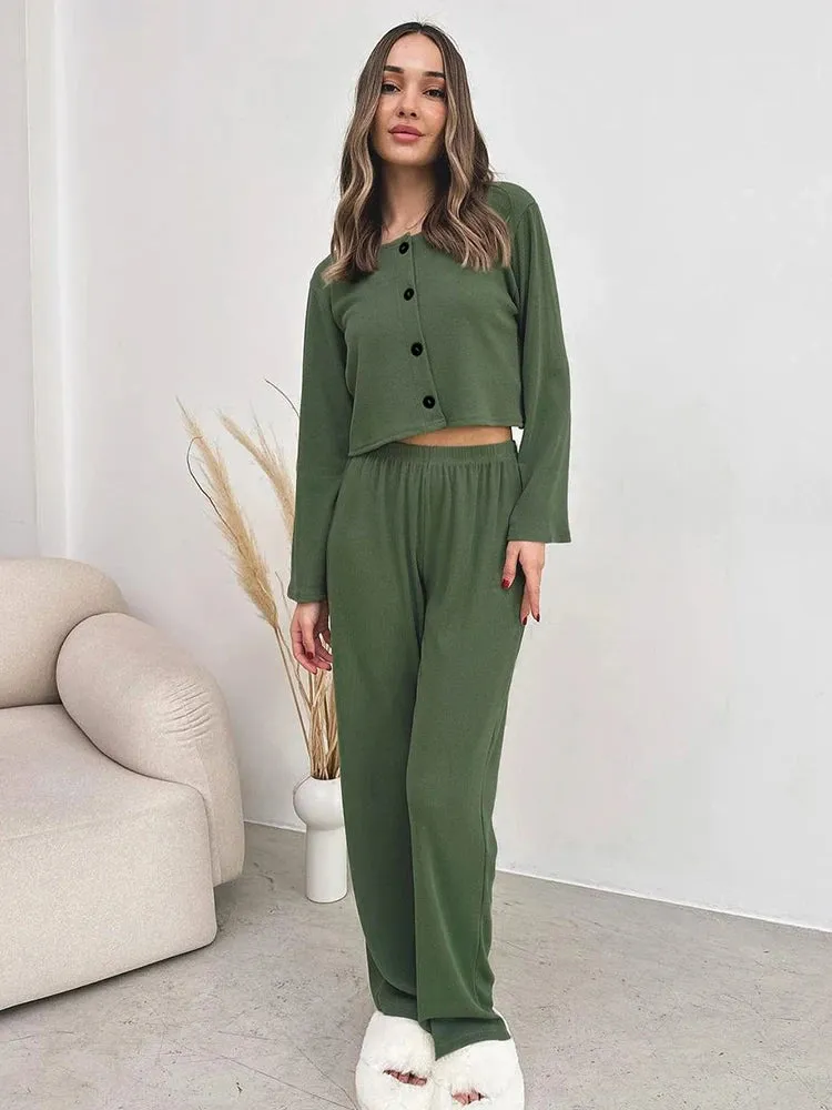 Rib-Knit Lounge 3-Piece Set with Cardigan Crop Top & Pants Ribbed
