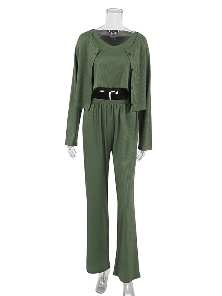 Rib-Knit Lounge 3-Piece Set with Cardigan Crop Top & Pants Ribbed