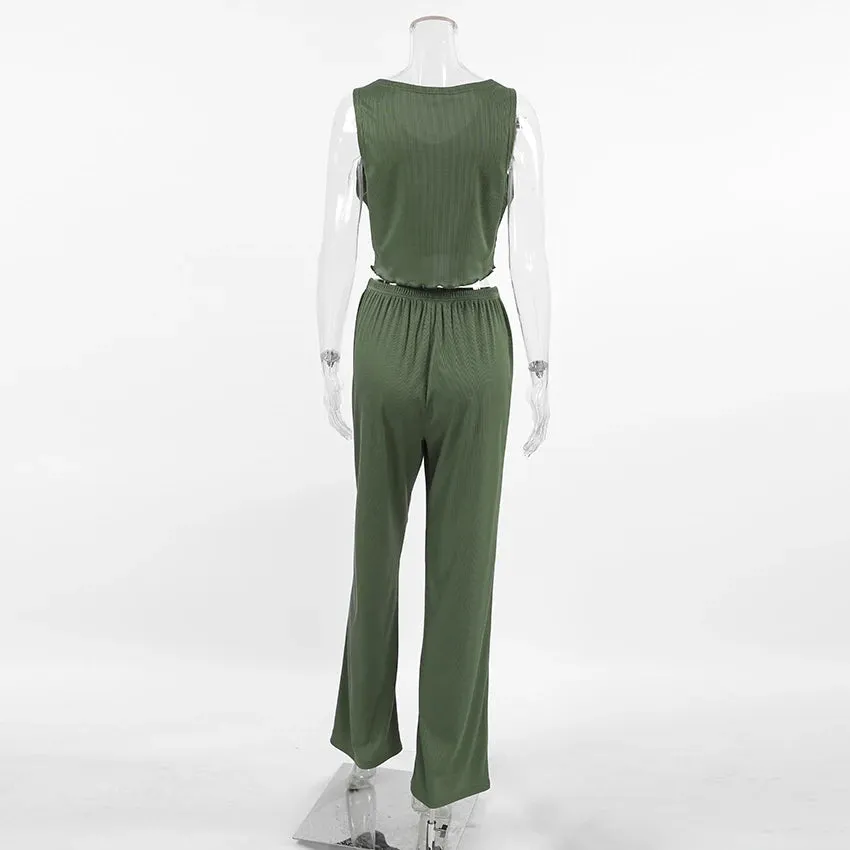 Rib-Knit Lounge 3-Piece Set with Cardigan Crop Top & Pants Ribbed