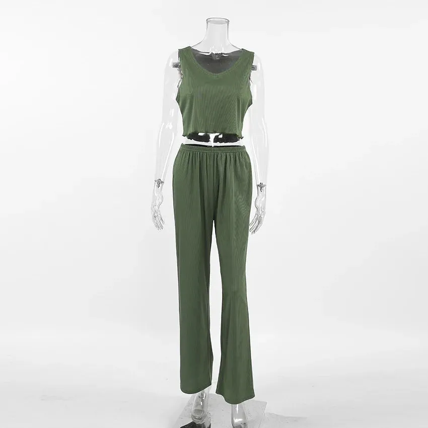 Rib-Knit Lounge 3-Piece Set with Cardigan Crop Top & Pants Ribbed