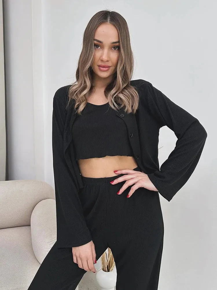 Rib-Knit Lounge 3-Piece Set with Cardigan Crop Top & Pants Ribbed