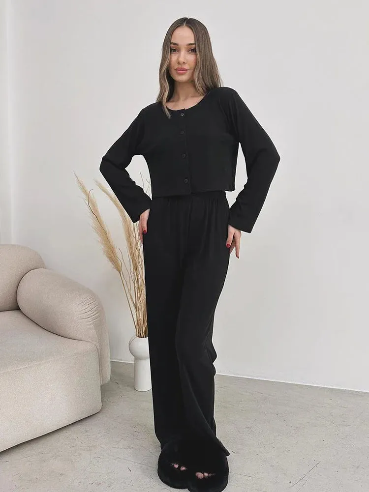 Rib-Knit Lounge 3-Piece Set with Cardigan Crop Top & Pants Ribbed