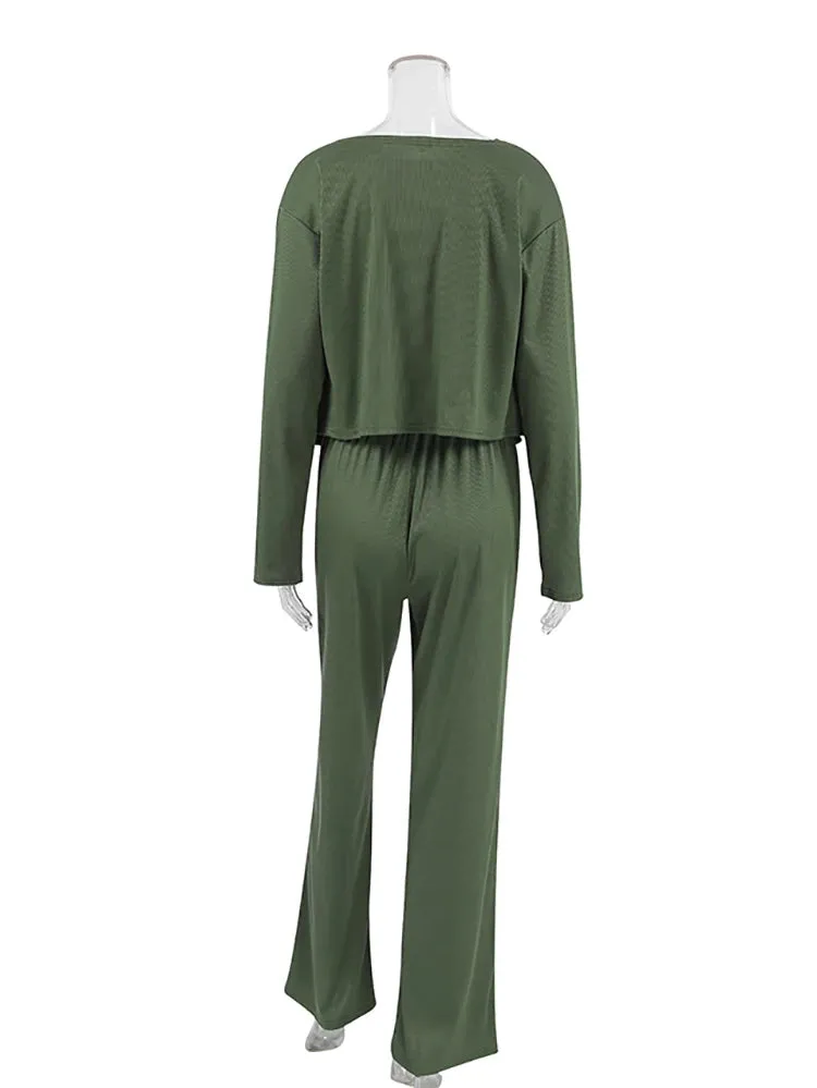 Rib-Knit Lounge 3-Piece Set with Cardigan Crop Top & Pants Ribbed