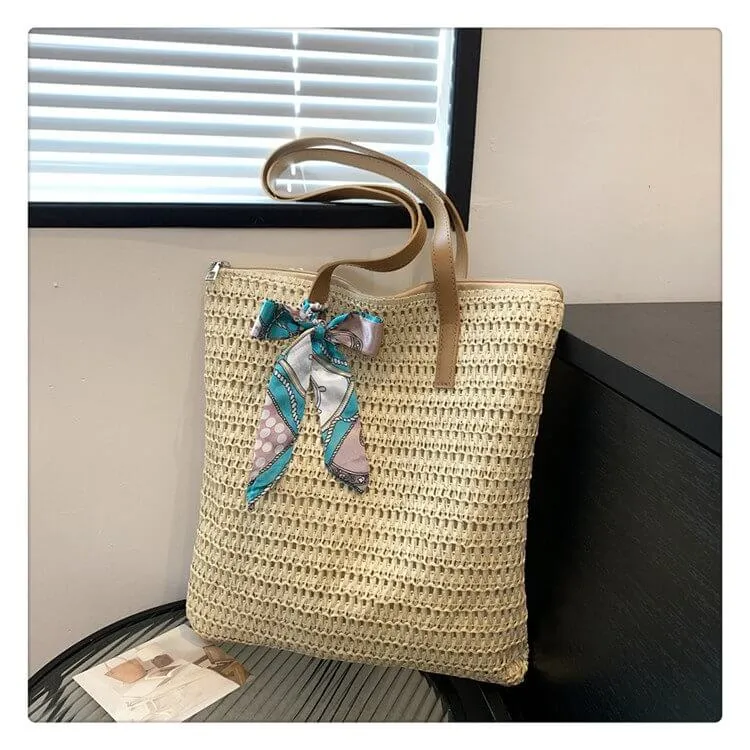 Scarf Decor Straw Tote Bag With Leather Handles-Showtown