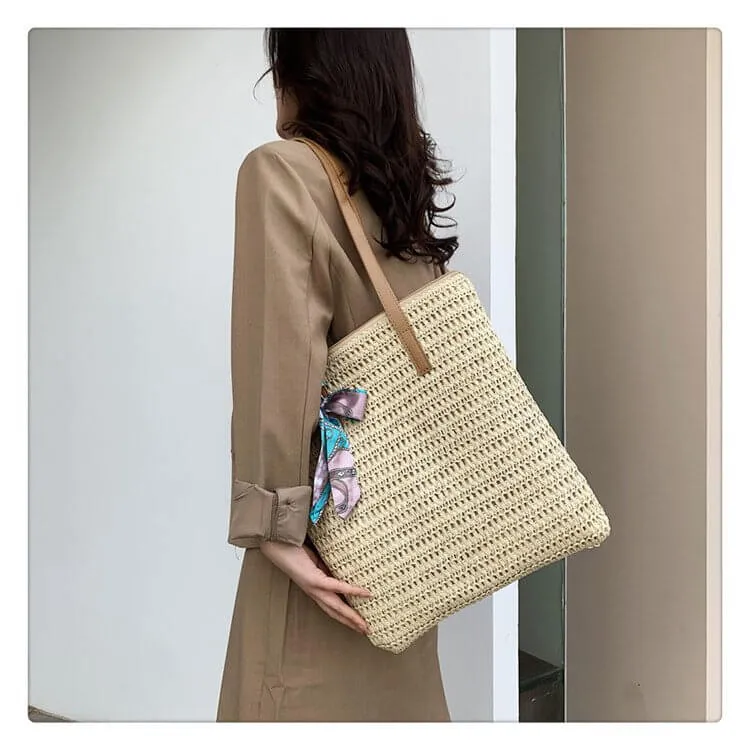 Scarf Decor Straw Tote Bag With Leather Handles-Showtown