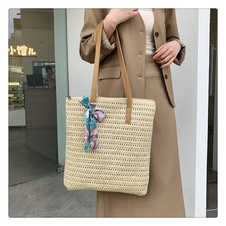 Scarf Decor Straw Tote Bag With Leather Handles-Showtown