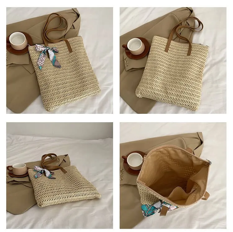 Scarf Decor Straw Tote Bag With Leather Handles-Showtown