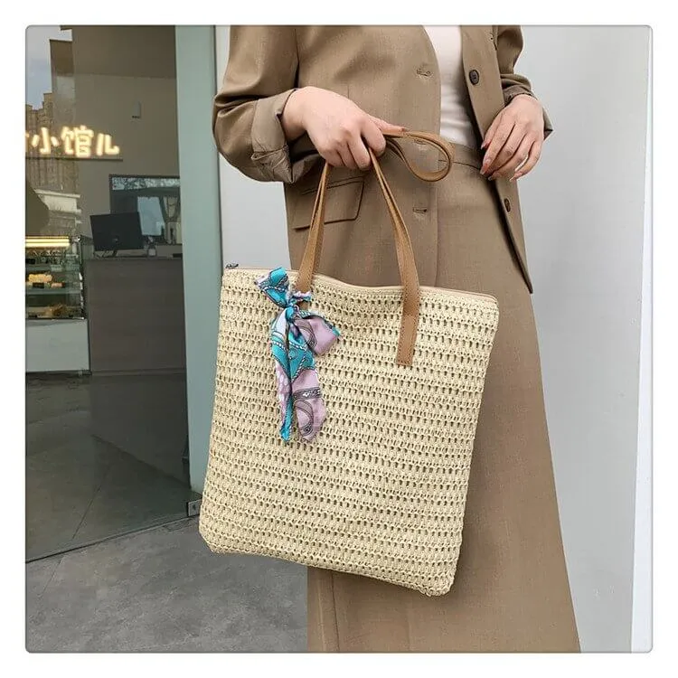 Scarf Decor Straw Tote Bag With Leather Handles-Showtown
