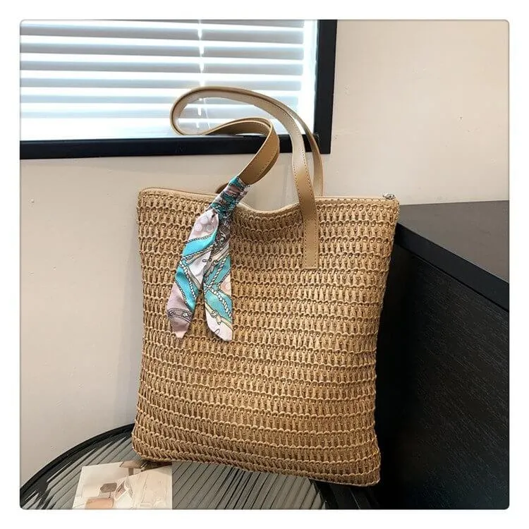 Scarf Decor Straw Tote Bag With Leather Handles-Showtown
