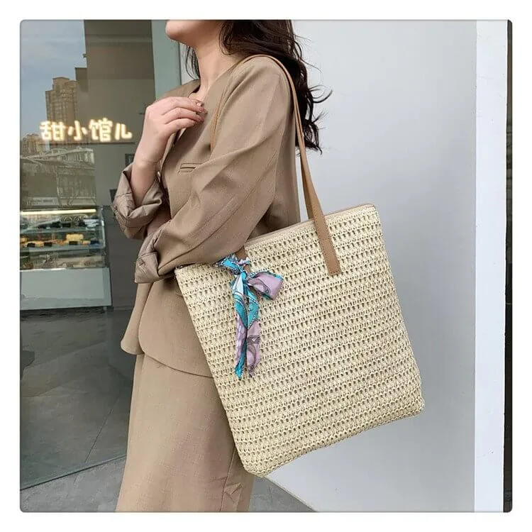 Scarf Decor Straw Tote Bag With Leather Handles-Showtown