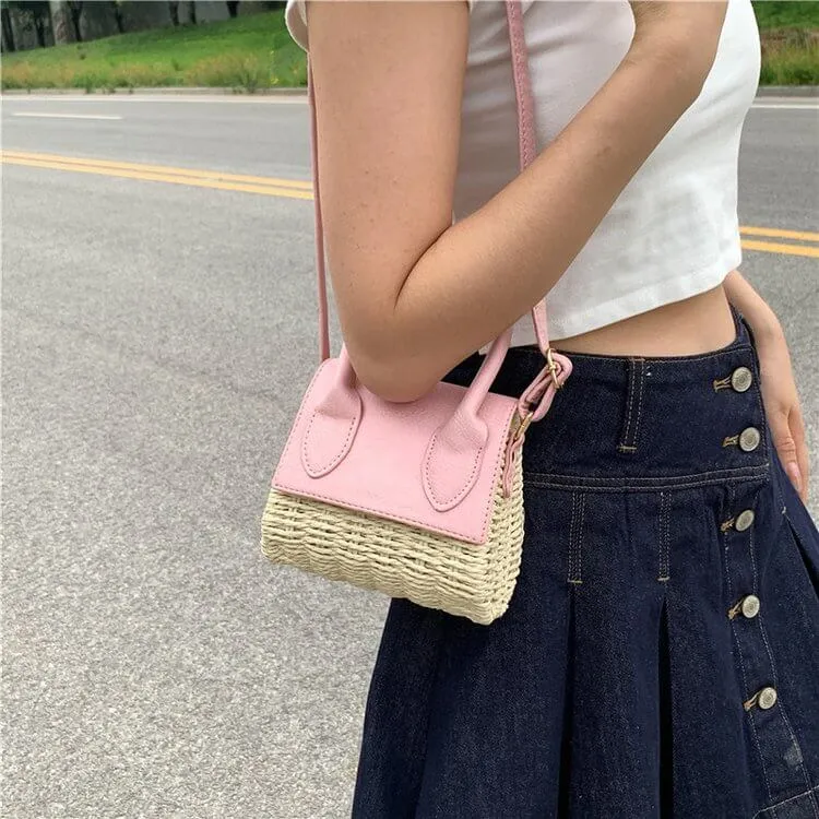 Small Natural Straw Leather Crossbody Bag Purse-Showtown