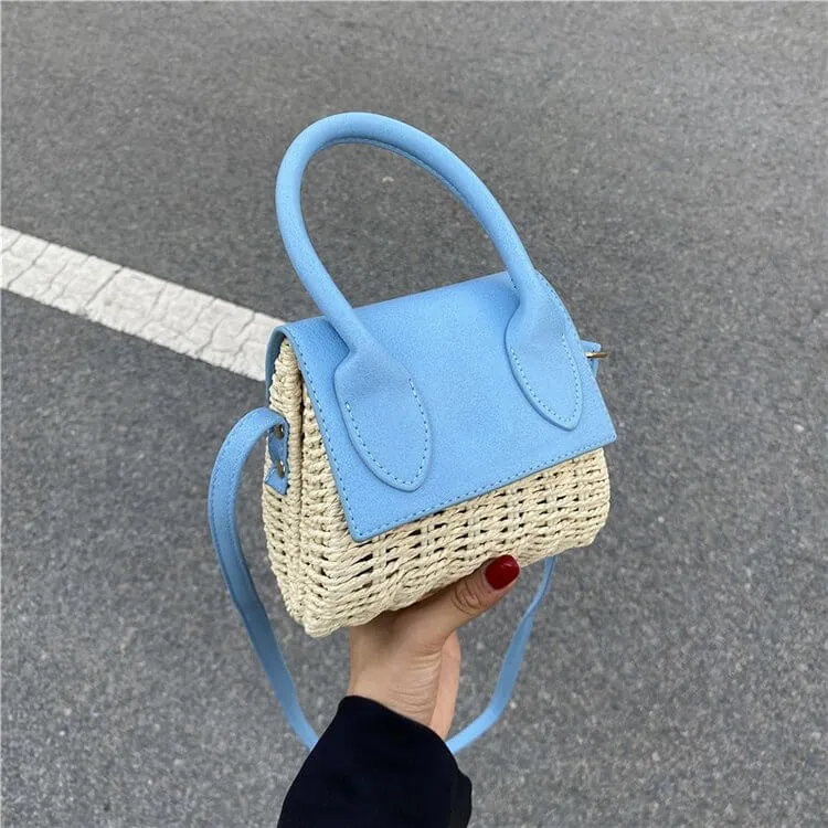 Small Natural Straw Leather Crossbody Bag Purse-Showtown