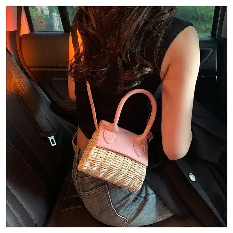 Small Natural Straw Leather Crossbody Bag Purse-Showtown