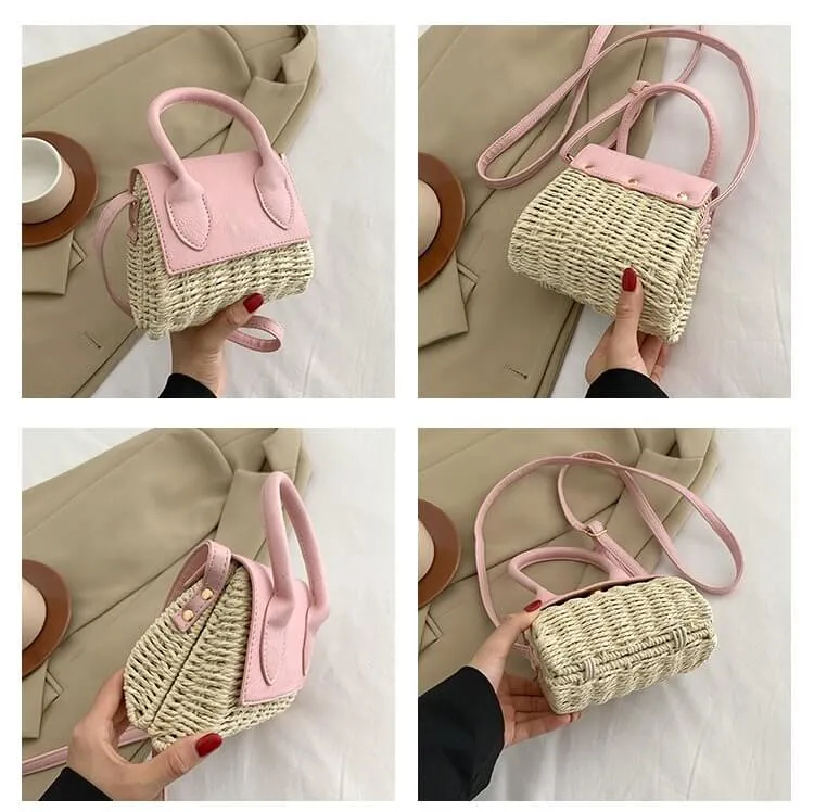 Small Natural Straw Leather Crossbody Bag Purse-Showtown