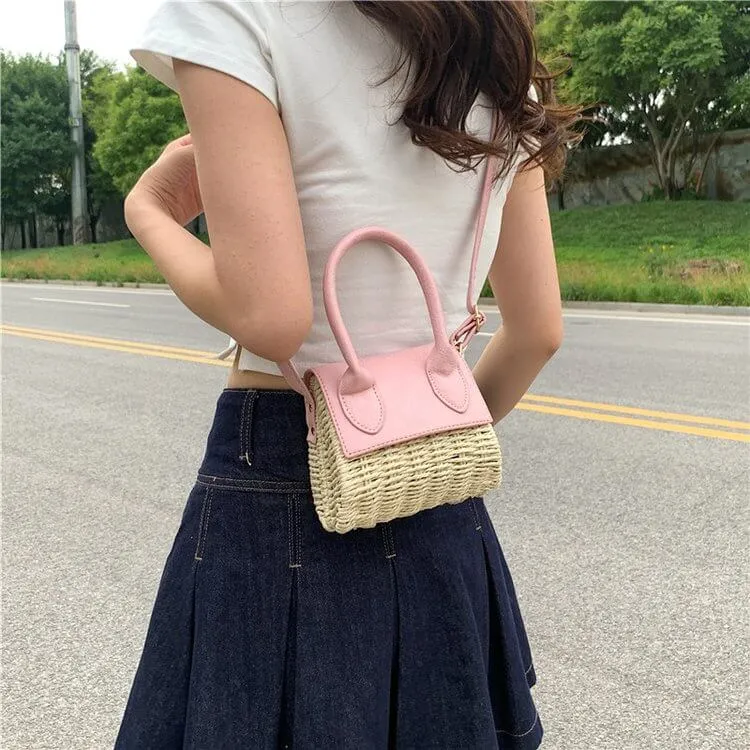 Small Natural Straw Leather Crossbody Bag Purse-Showtown