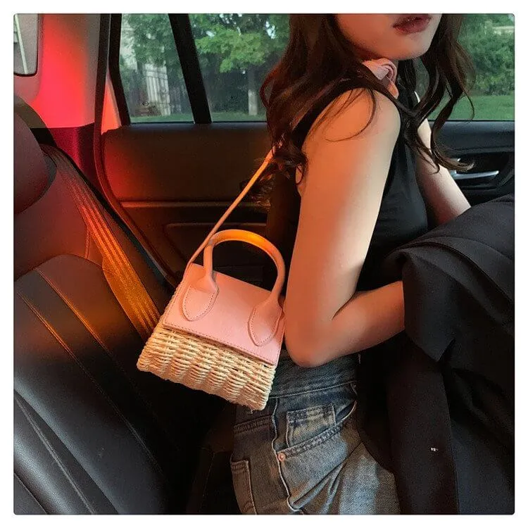 Small Natural Straw Leather Crossbody Bag Purse-Showtown
