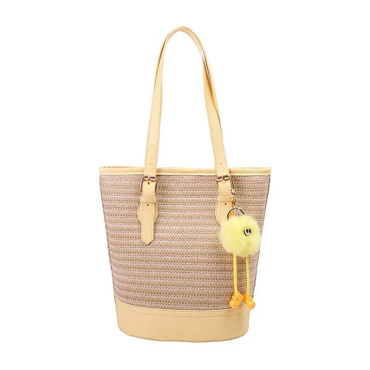 Straw And Leather Shopper Tote Bucket Bag-Showtown