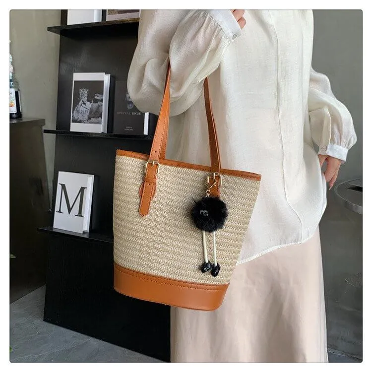 Straw And Leather Shopper Tote Bucket Bag-Showtown